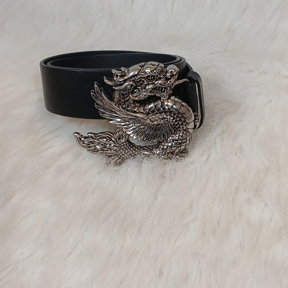 Nick & Nora Elegant Black Leather Belt with Silver Dragon Buckle Unisex Sz S - Picture 3 of 6